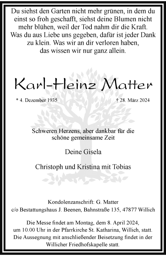 Traueranzeige von Karl-Heinz Matter von trauer.extra-tipp-moenchengladbach.de