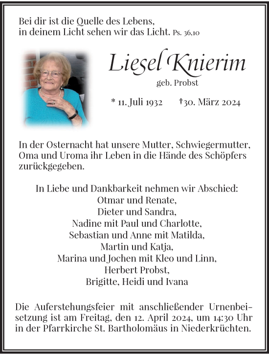 Traueranzeige von Liesel Knierim von trauer.extra-tipp-moenchengladbach.de