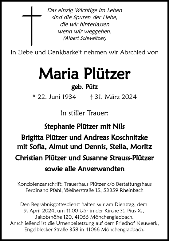 Traueranzeige von Maria Plützer von trauer.extra-tipp-moenchengladbach.de