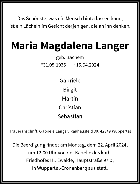 Traueranzeige von Maria Magdalena Langer von trauer.wuppertaler-rundschau.de