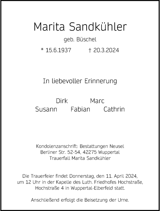 Traueranzeige von Marita Sandkühler von trauer.wuppertaler-rundschau.de