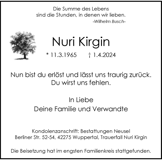 Traueranzeige von Nuri Kirgin von trauer.wuppertaler-rundschau.de