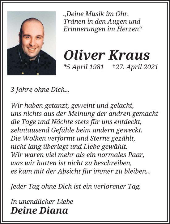 Traueranzeige von Oliver Kraus von trauer.wuppertaler-rundschau.de
