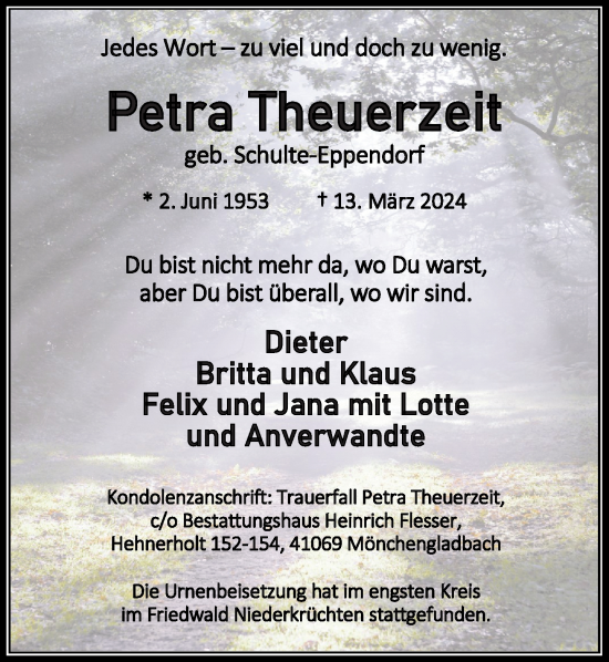 Traueranzeige von Petra Theuerzeit von trauer.extra-tipp-moenchengladbach.de