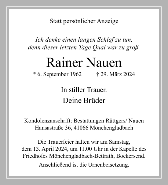 Traueranzeige von Rainer Nauen von trauer.extra-tipp-moenchengladbach.de