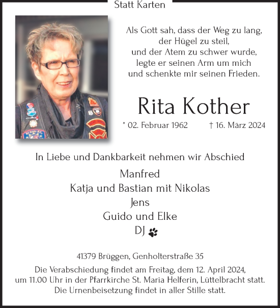 Traueranzeige von Rita Kother von trauer.extra-tipp-moenchengladbach.de
