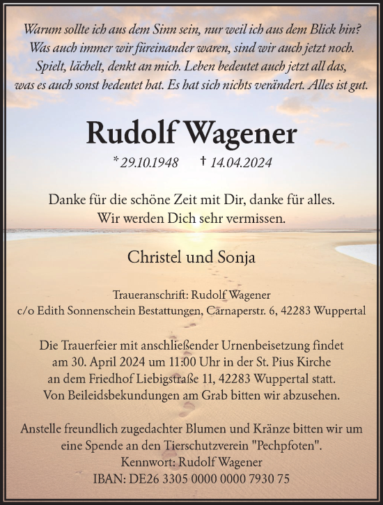 Traueranzeige von Rudolf Wagener von trauer.wuppertaler-rundschau.de