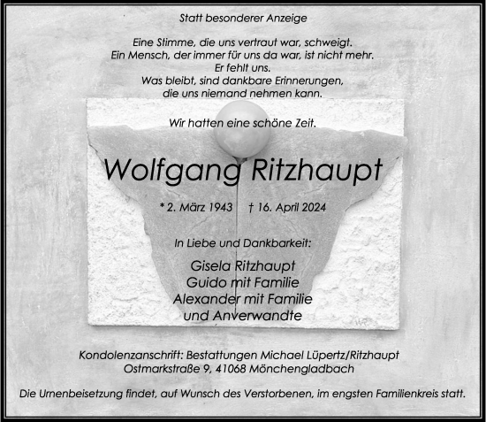 Traueranzeige von Wolfgang Ritzhaupt von trauer.extra-tipp-moenchengladbach.de
