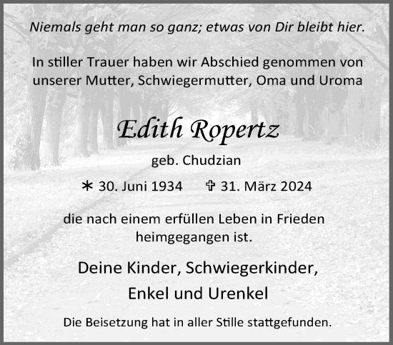 Traueranzeige von Edith Ropertz von trauer.extra-tipp-moenchengladbach.de