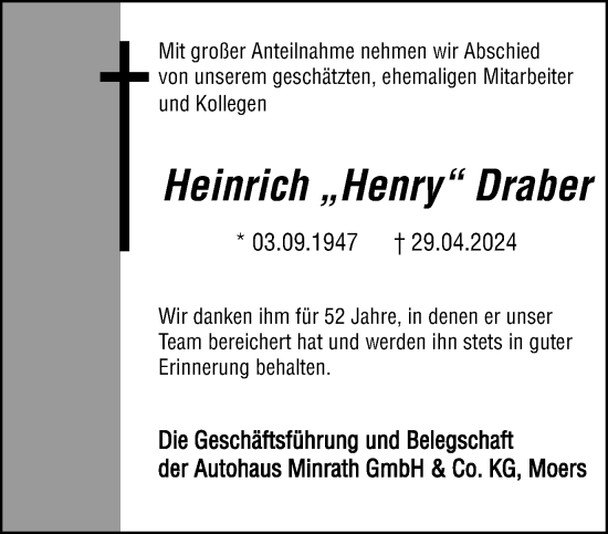Traueranzeige von Heinrich  Draber von trauer.extra-tipp-moenchengladbach.de