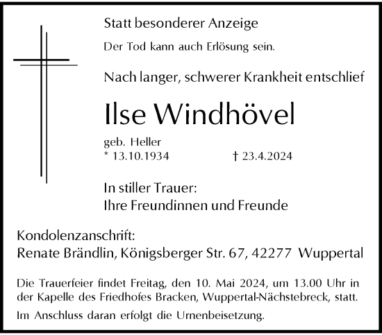Traueranzeige von Ilse Windhövel von trauer.wuppertaler-rundschau.de