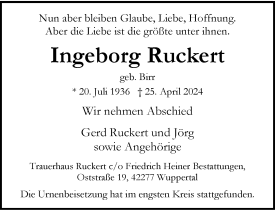 Traueranzeige von Ingeborg Ruckert von trauer.wuppertaler-rundschau.de