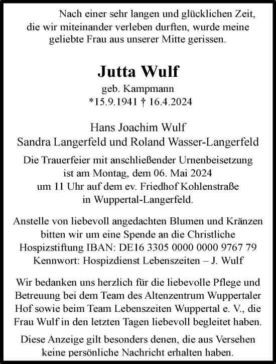 Traueranzeige von Jutta Wulf von trauer.wuppertaler-rundschau.de