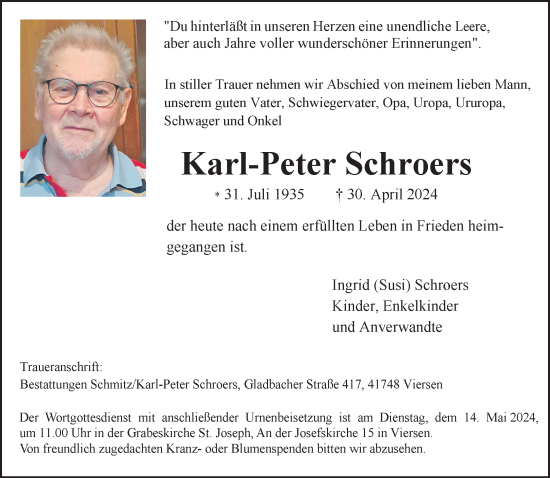 Traueranzeige von Karl-Peter Schroers von trauer.extra-tipp-moenchengladbach.de