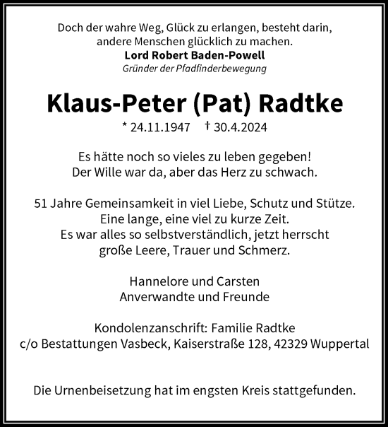 Traueranzeige von Klaus-Peter  Radtke von trauer.wuppertaler-rundschau.de