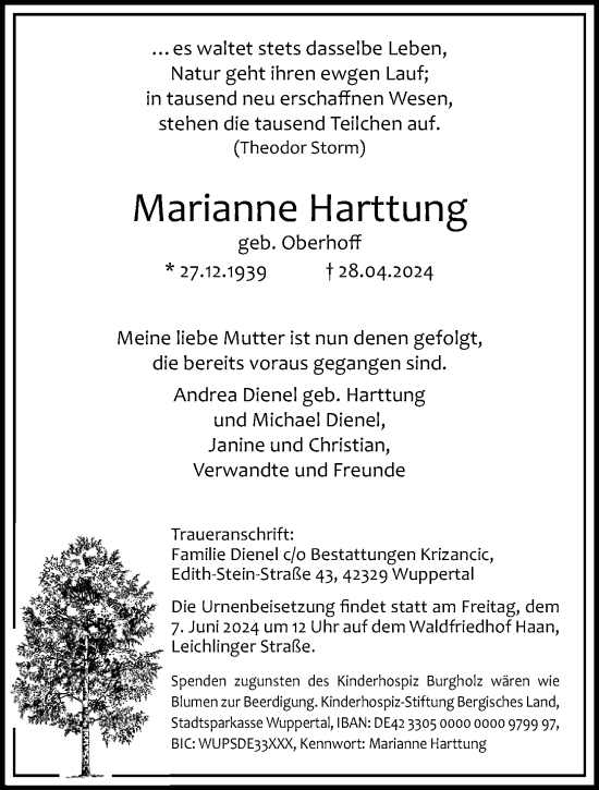 Traueranzeige von Marianne Harttung von trauer.wuppertaler-rundschau.de