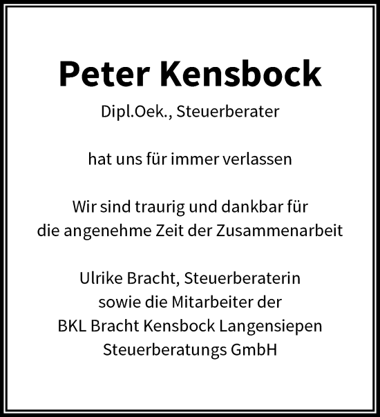Traueranzeige von Peter Kensbock von trauer.wuppertaler-rundschau.de