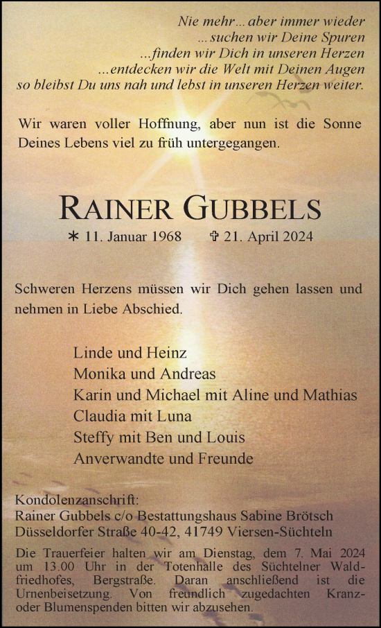 Traueranzeige von Rainer Gubbels von trauer.extra-tipp-moenchengladbach.de
