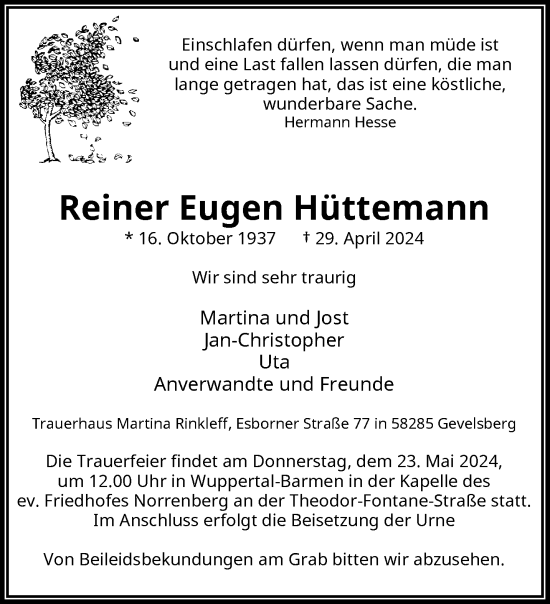 Traueranzeige von Reiner Eugen Hüttemann von trauer.wuppertaler-rundschau.de
