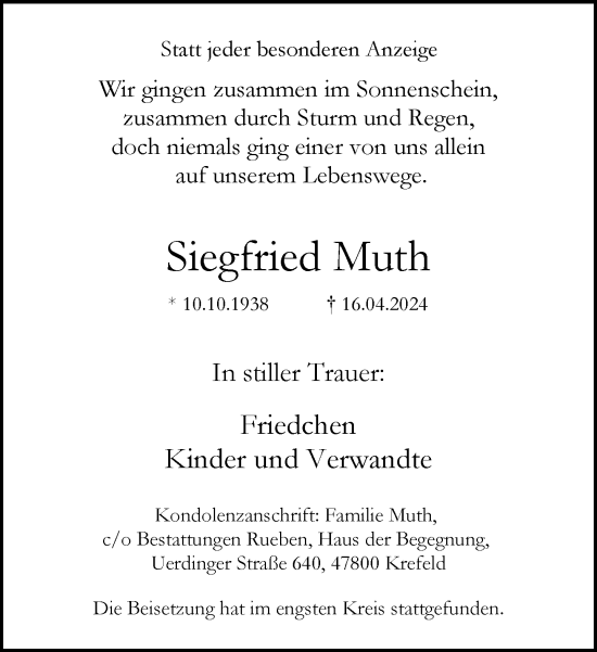 Traueranzeige von Siegfried Muth von trauer.extra-tipp-moenchengladbach.de