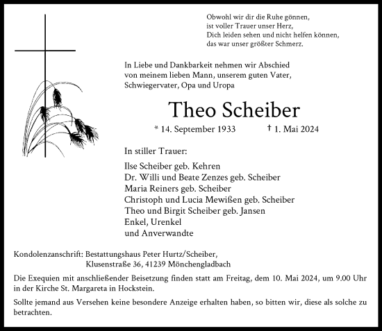 Traueranzeige von Theo Scheiber von trauer.extra-tipp-moenchengladbach.de