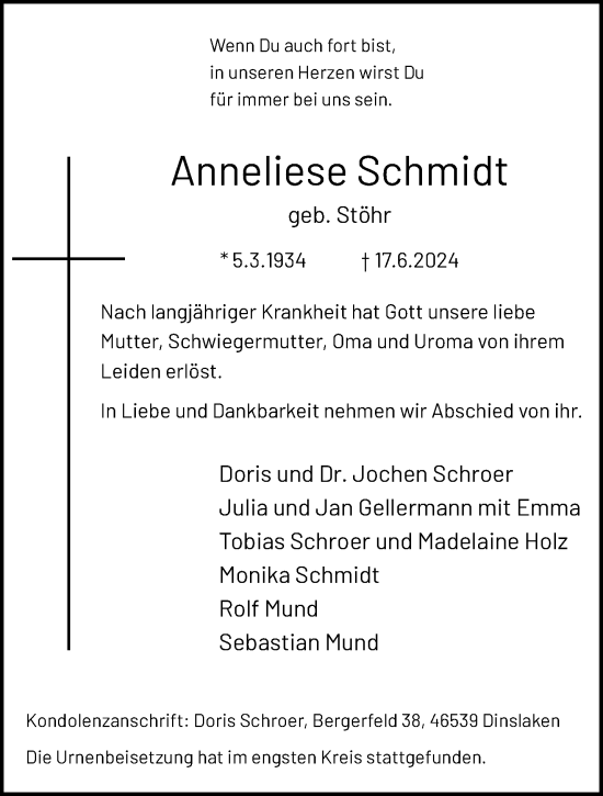 Traueranzeige von Anneliese Schmidt von trauer.extra-tipp-moenchengladbach.de