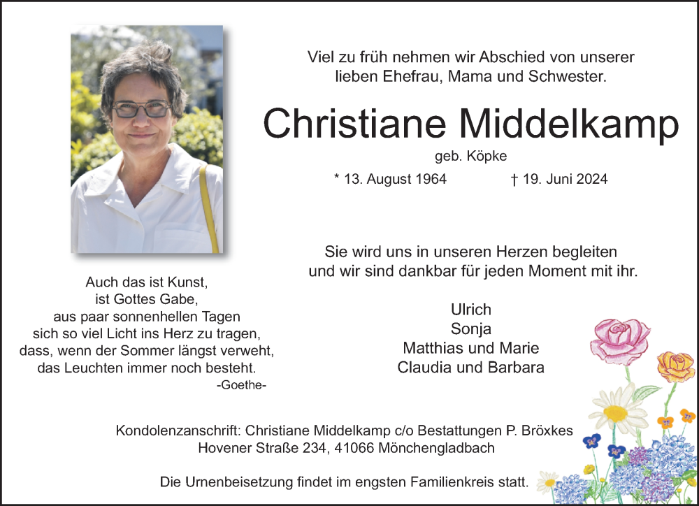  Traueranzeige für Christiane Middelkamp vom 30.06.2024 aus trauer.extra-tipp-moenchengladbach.de