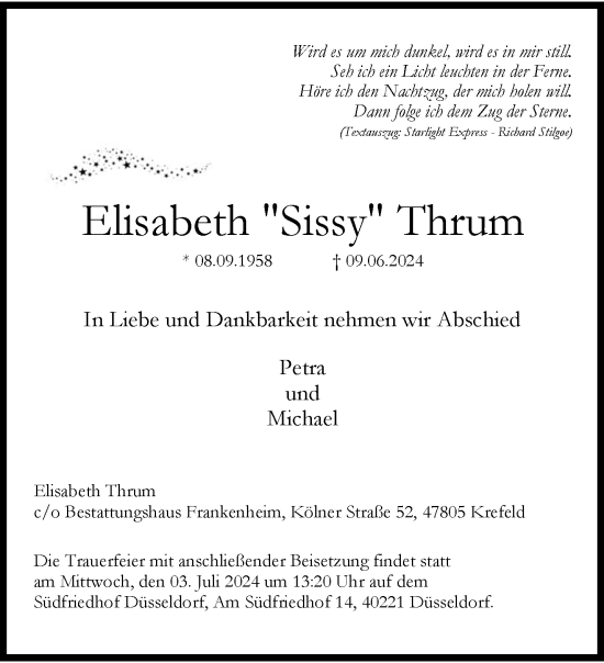 Traueranzeige von Elisabeth  Thrum von trauer.duesseldorfer-anzeiger.de