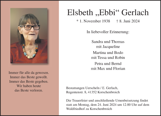 Traueranzeige von Elsbeth Gerlach von trauer.extra-tipp-moenchengladbach.de