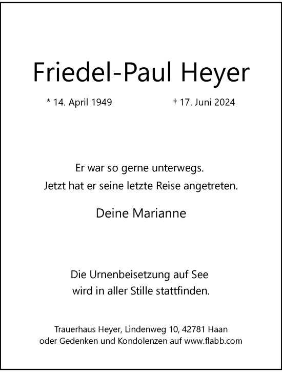 Traueranzeige von Friedel-Paul Heyer von trauer.duesseldorfer-anzeiger.de