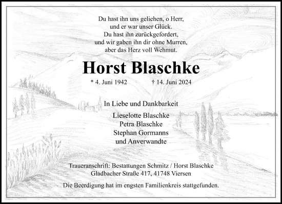 Traueranzeige von Horst Blaschke von trauer.extra-tipp-moenchengladbach.de