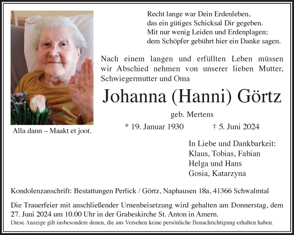  Traueranzeige für Johanna Görtz vom 23.06.2024 aus trauer.extra-tipp-moenchengladbach.de