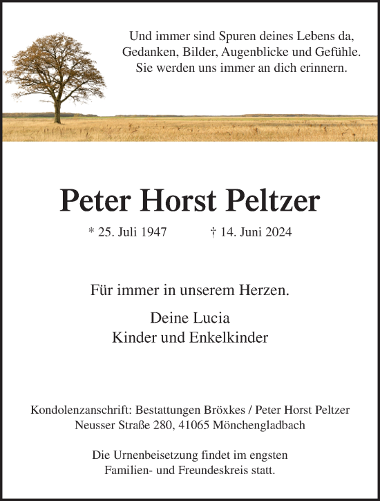 Traueranzeige von Peter Horst Peltzer von trauer.extra-tipp-moenchengladbach.de