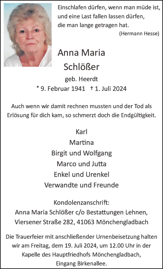 Traueranzeige von Anna Maria Schlößer von trauer.extra-tipp-moenchengladbach.de