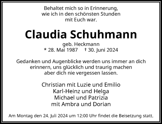 Traueranzeige von Claudia Schuhmann von trauer.wuppertaler-rundschau.de