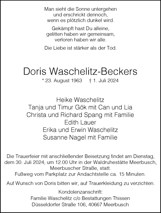 Traueranzeige von Doris Waschelitz-Beckers von trauer.extra-tipp-moenchengladbach.de
