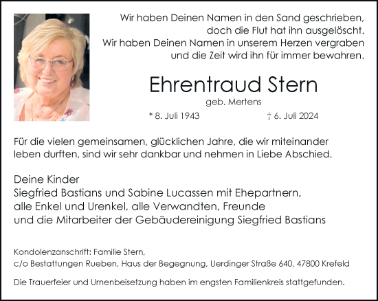 Traueranzeige von Ehrentraud Stern von trauer.extra-tipp-moenchengladbach.de