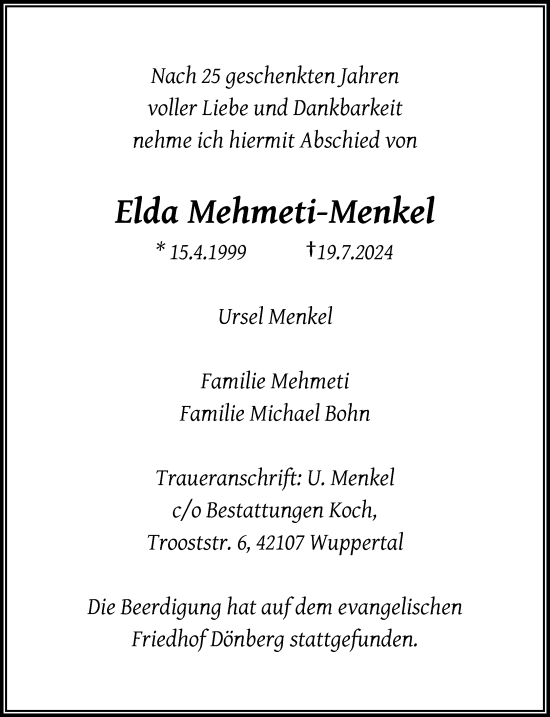 Traueranzeige von Elda Mehmeti-Menkel von trauer.wuppertaler-rundschau.de