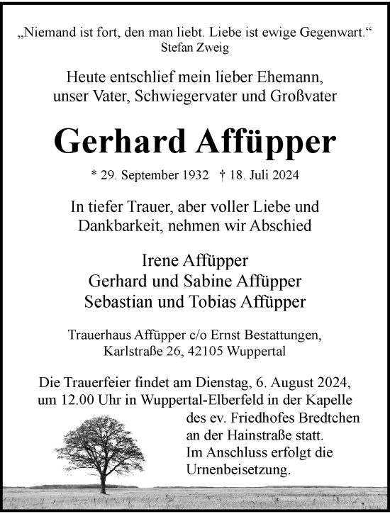 Traueranzeige von Gerhard Affüpper von trauer.wuppertaler-rundschau.de