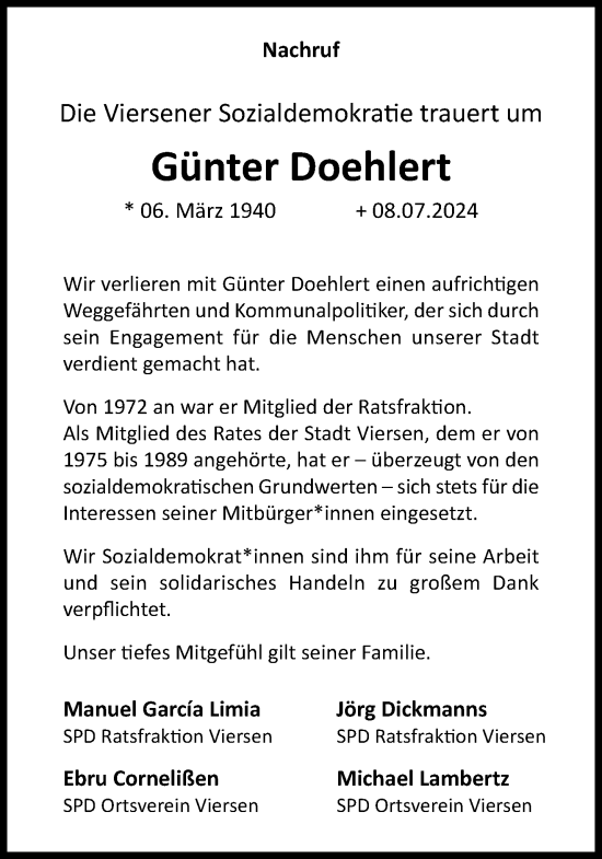 Traueranzeige von Günter Doehlert von trauer.extra-tipp-moenchengladbach.de