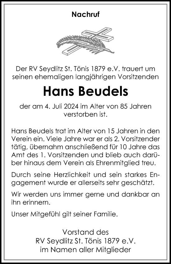 Traueranzeige von Hans Beudels von trauer.extra-tipp-moenchengladbach.de