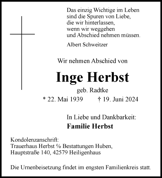 Traueranzeige von Inge Herbst von trauer.duesseldorfer-anzeiger.de