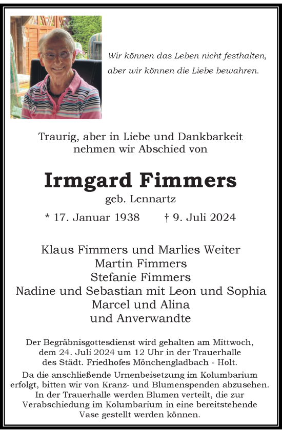 Traueranzeige von Irmgard Fimmers von trauer.extra-tipp-moenchengladbach.de
