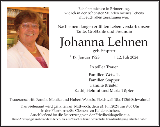 Traueranzeige von Johanna Lehnen von trauer.extra-tipp-moenchengladbach.de