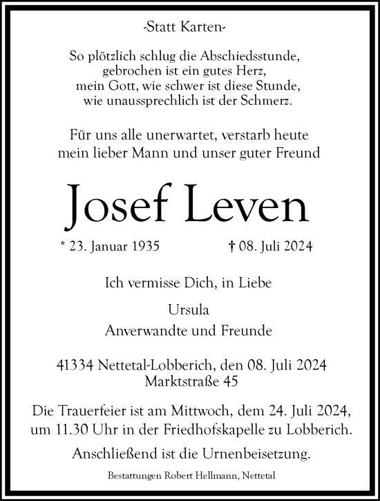 Traueranzeige von Josef Leven von trauer.extra-tipp-moenchengladbach.de