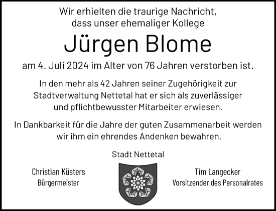 Traueranzeige von Jürgen Blome von trauer.extra-tipp-moenchengladbach.de