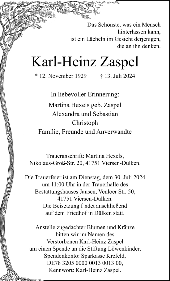 Traueranzeige von Karl-Heinz Zaspel von trauer.extra-tipp-moenchengladbach.de