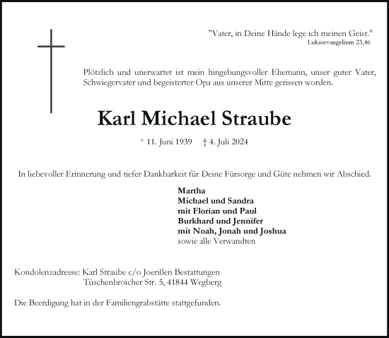 Traueranzeige von Karl Michael Straube von trauer.extra-tipp-moenchengladbach.de