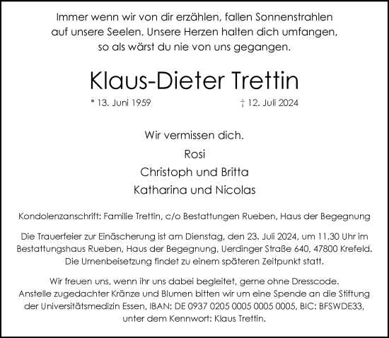 Traueranzeige von Klaus-Dieter Trettin von trauer.extra-tipp-moenchengladbach.de