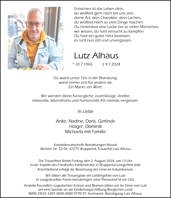 Traueranzeige von Lutz Alhaus von trauer.wuppertaler-rundschau.de